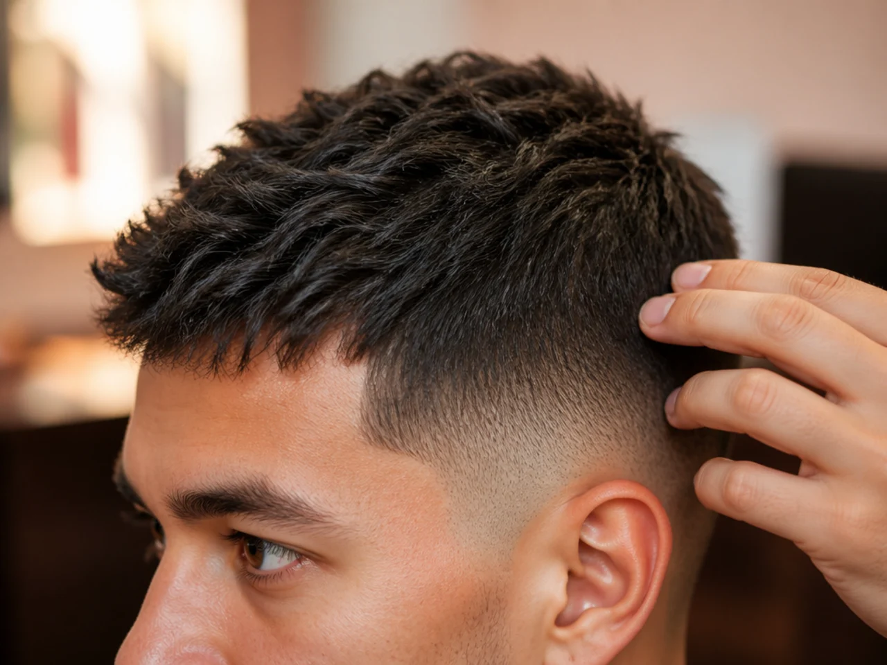 A short textured haircut being checked in daylight