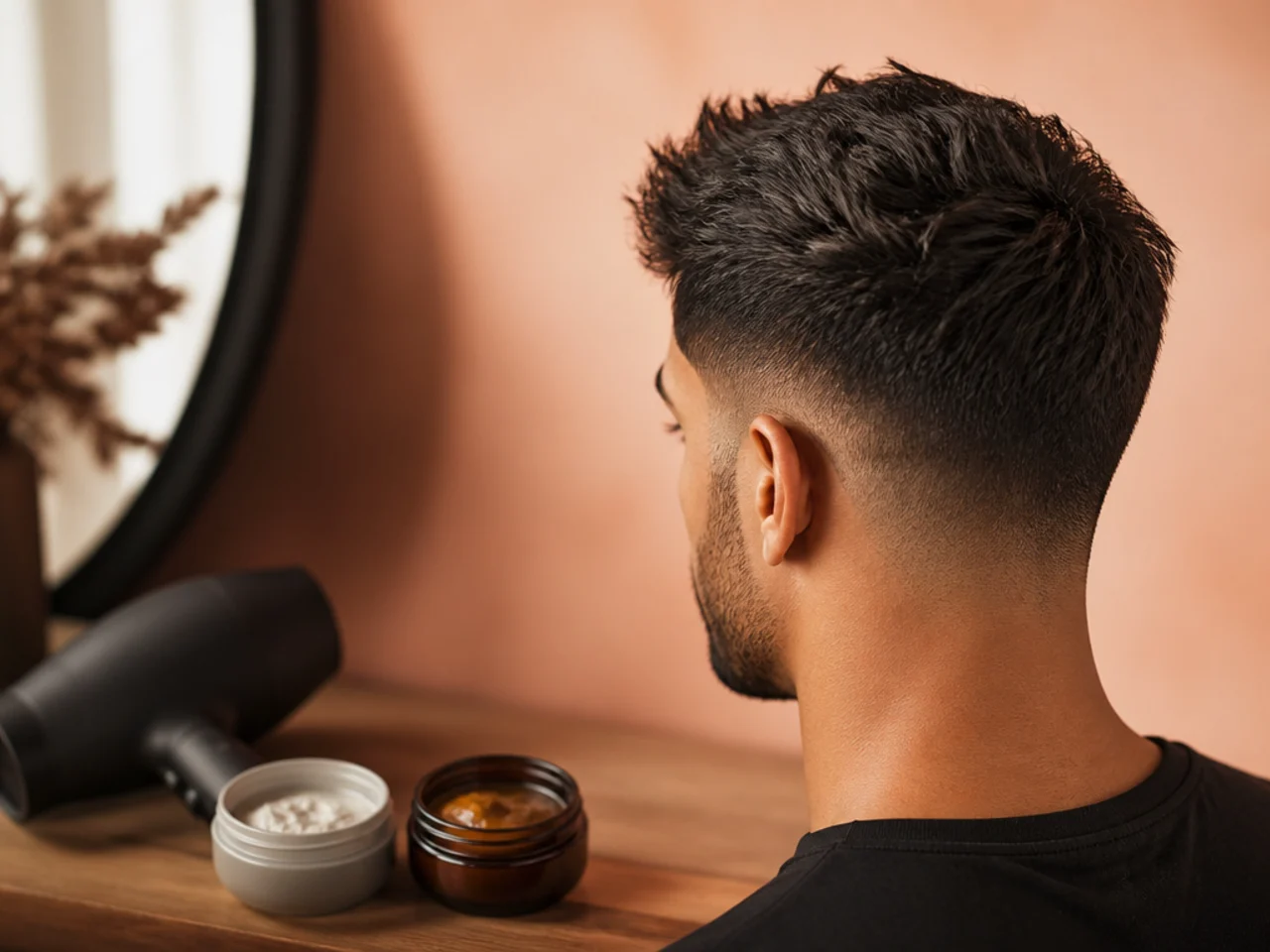 A matte clay and a shine pomade beside a hair dryer