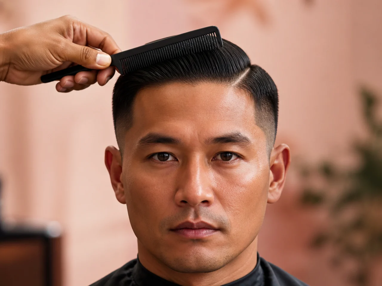 A comb flattening a textured short hairstyle