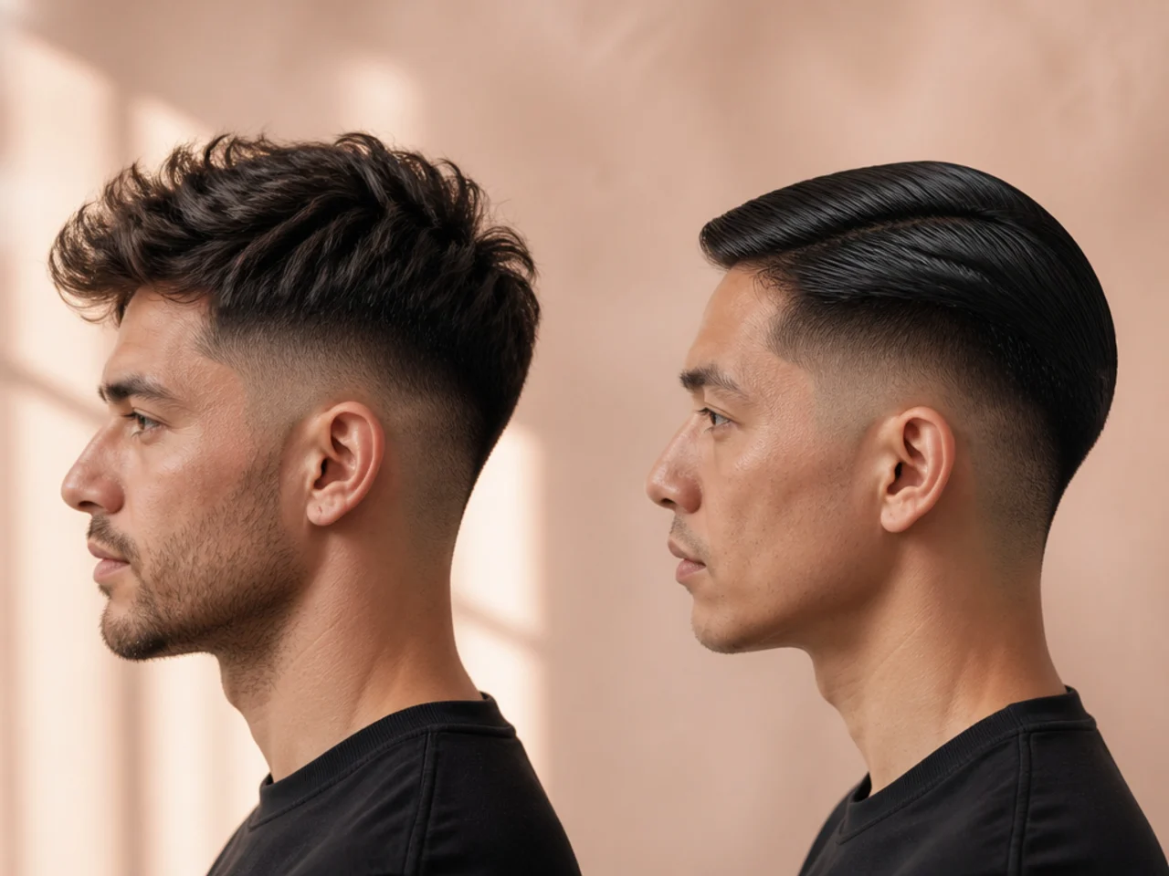 Two short haircuts side by side, one matte and lifted, one flat and shiny