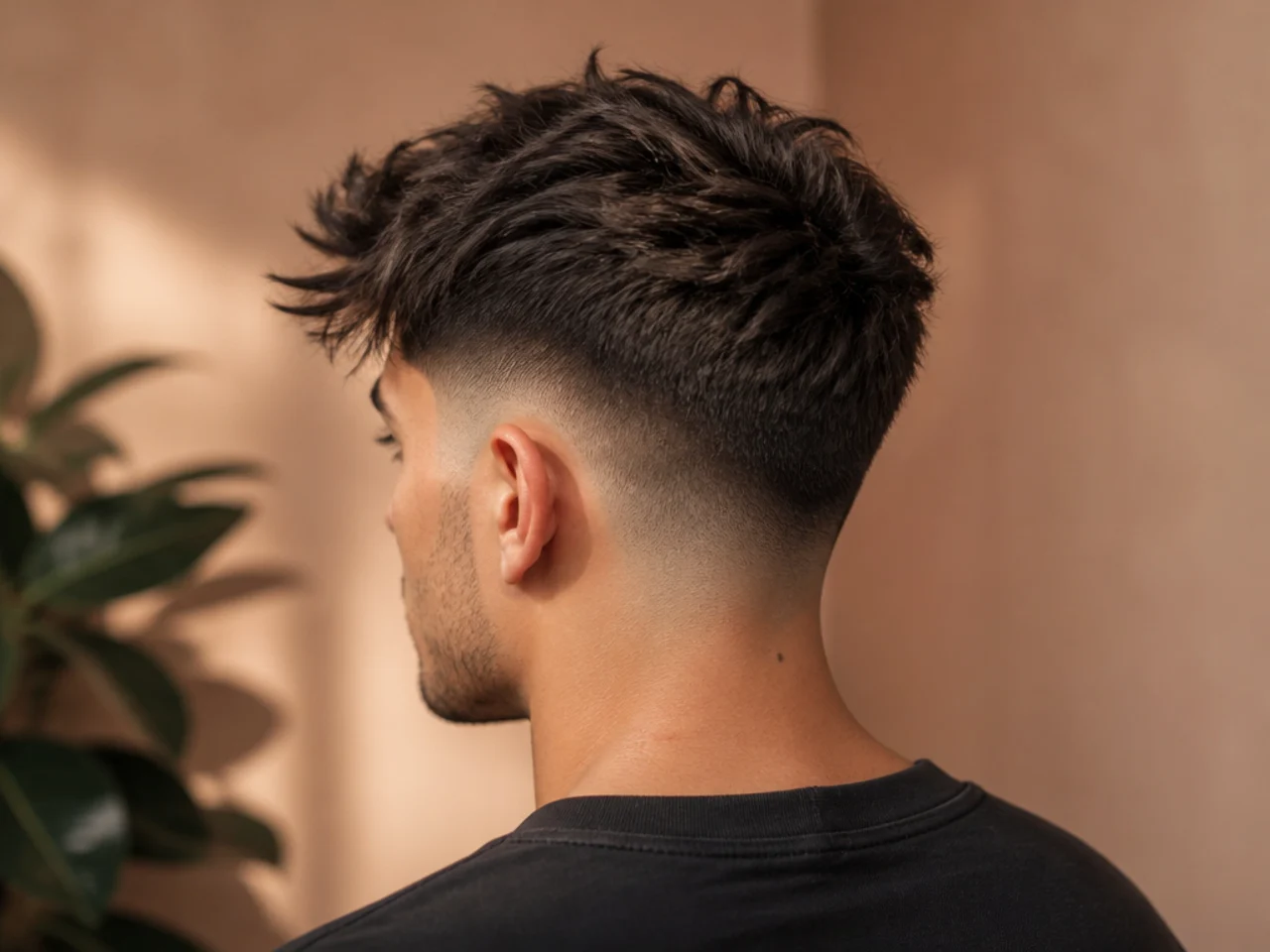 A textured mid fade on thick hair