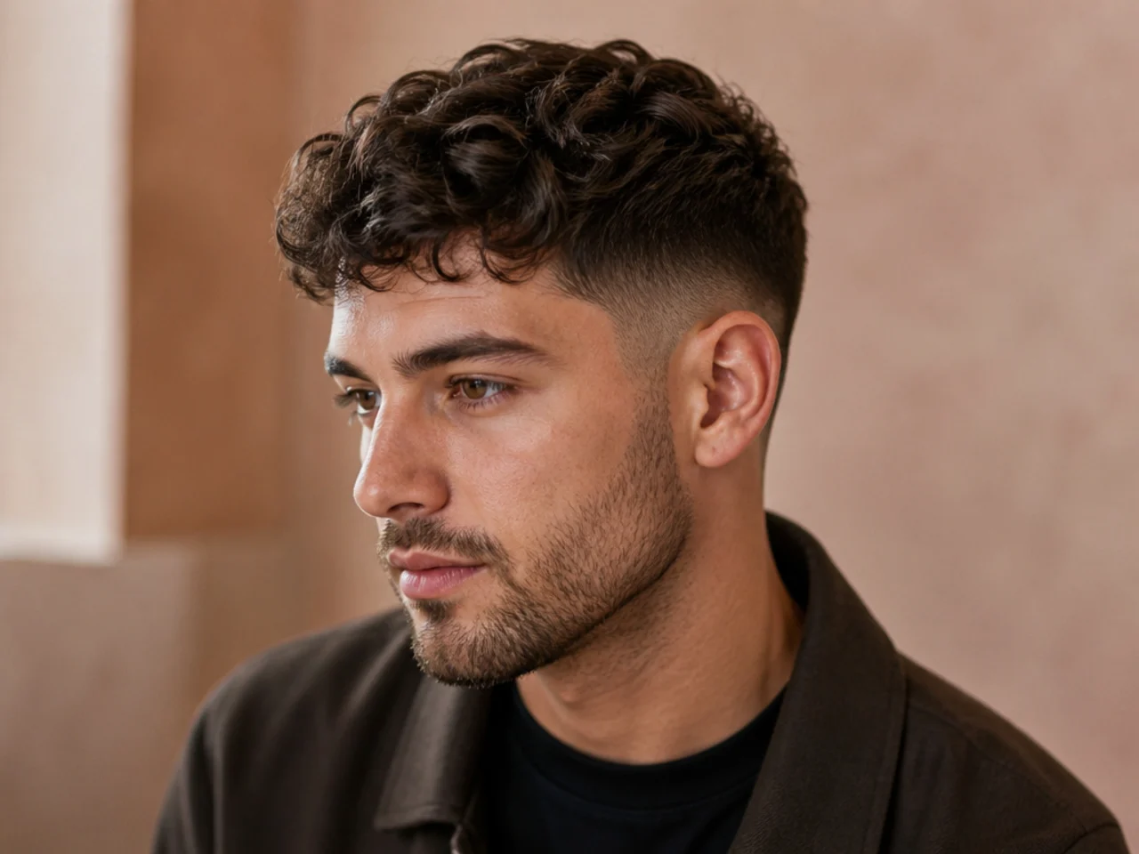A textured mid fade on wavy hair