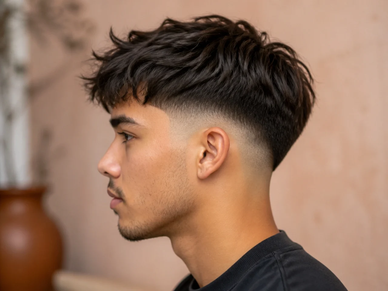 A textured mid drop fade