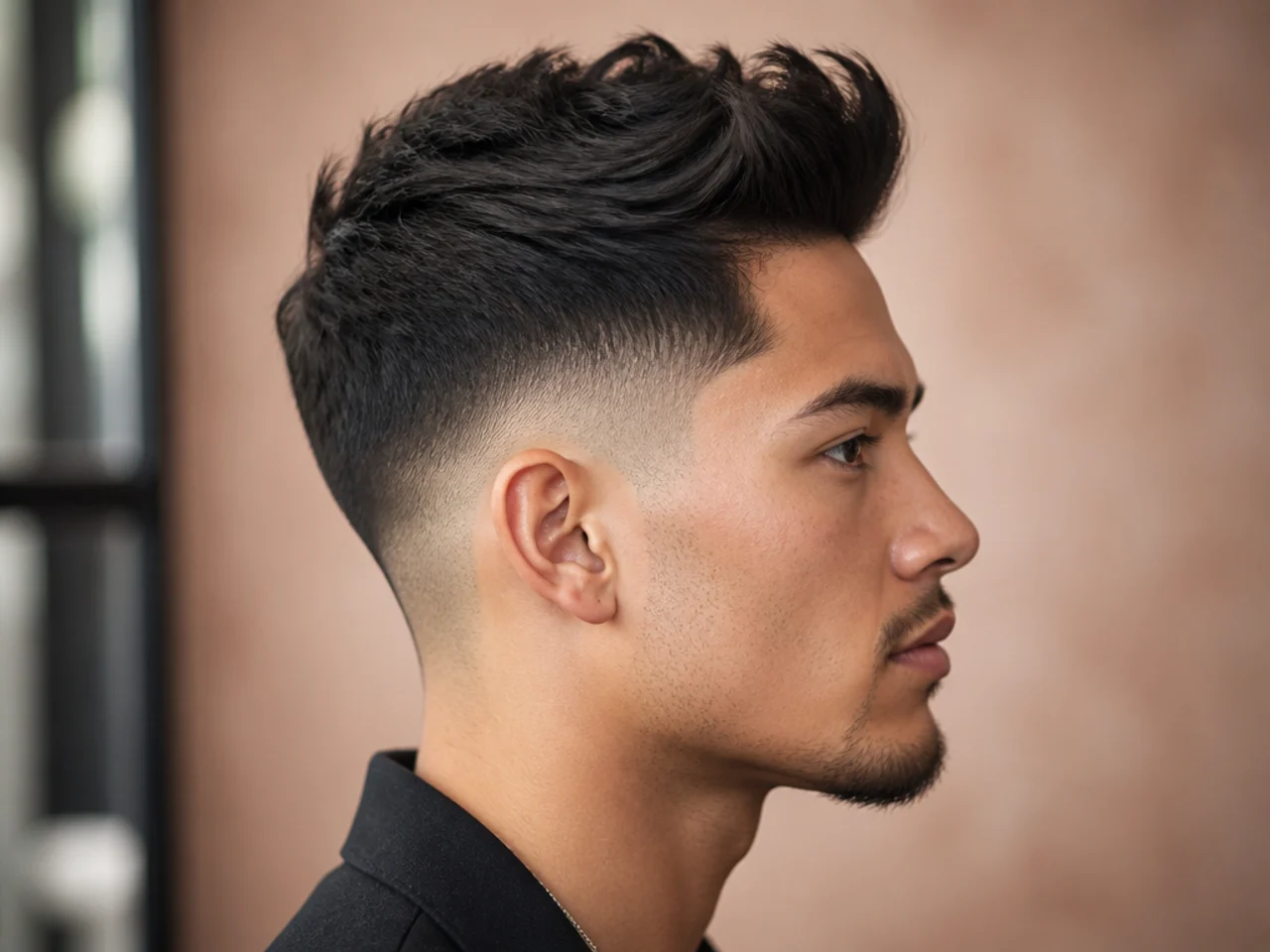 A textured quiff over a mid fade