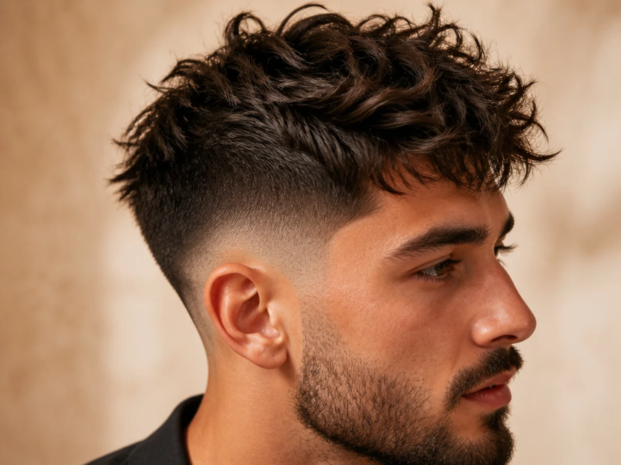A messy textured top with a mid fade