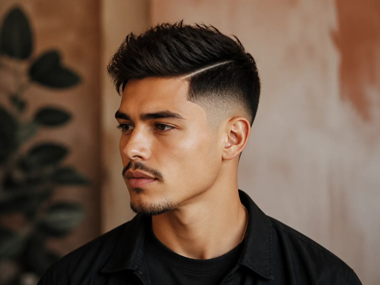 A textured mid fade with a hard part
