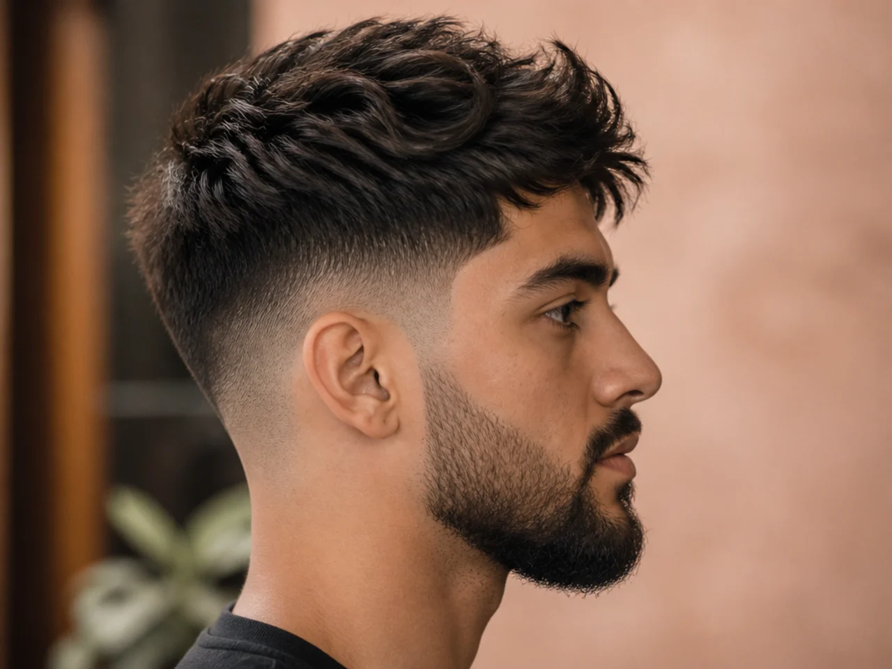 A textured mid fade with a beard