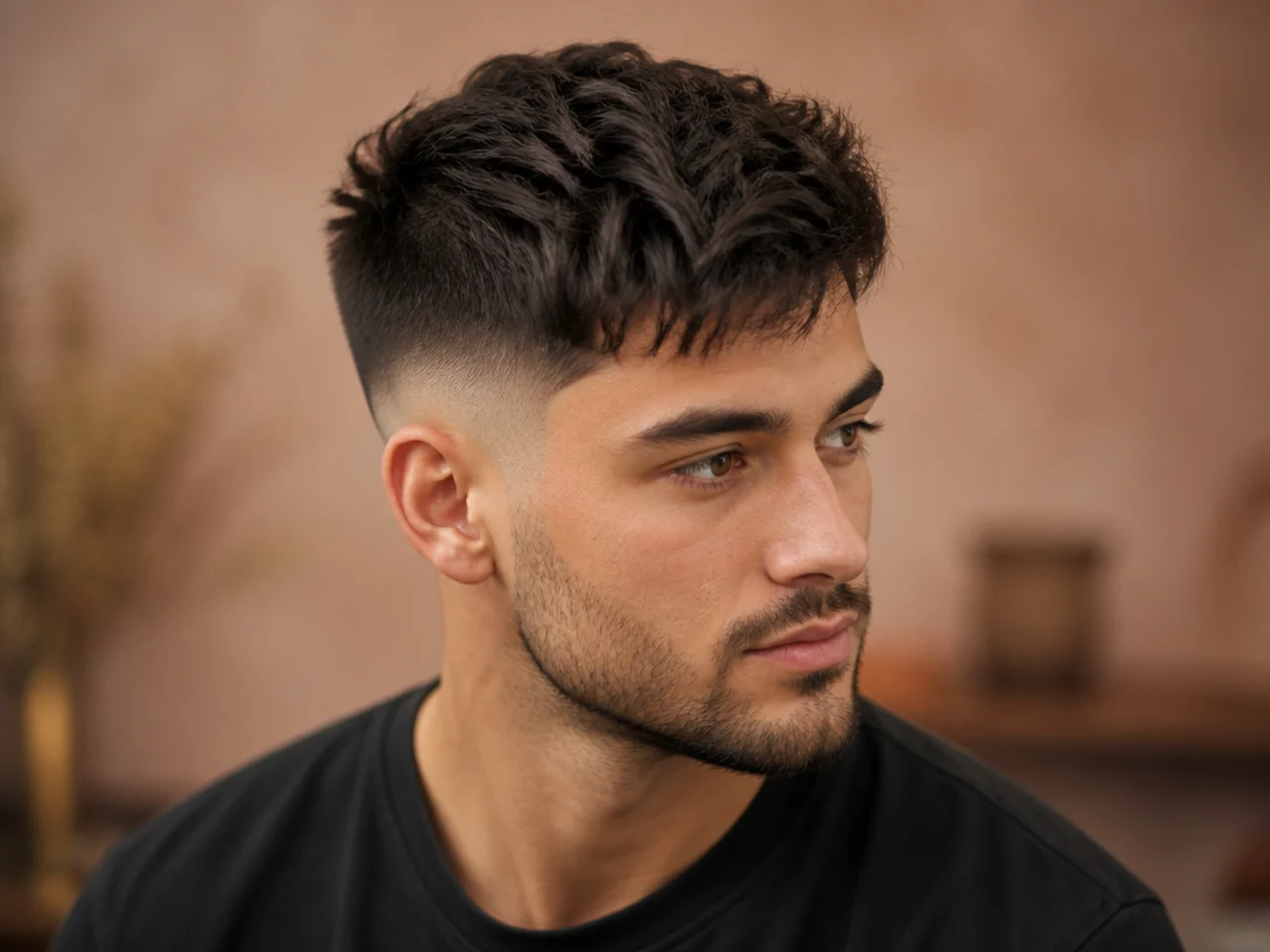 Three-quarter view of a textured mid fade