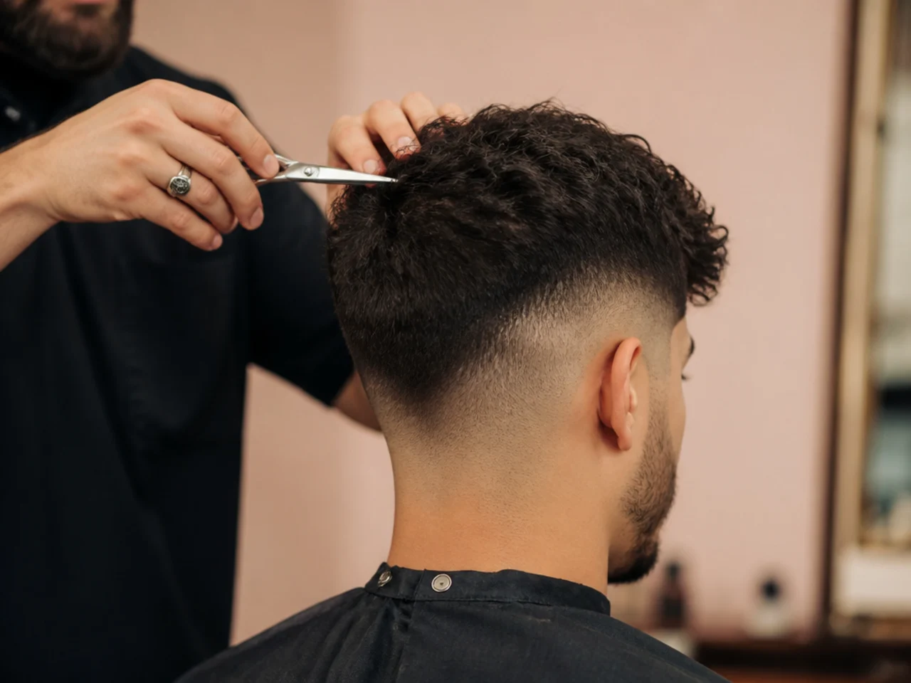 A barber point cutting the top of a textured mid fade