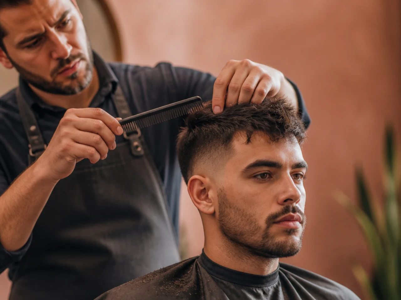 A barber checking an uneven guideline through the top