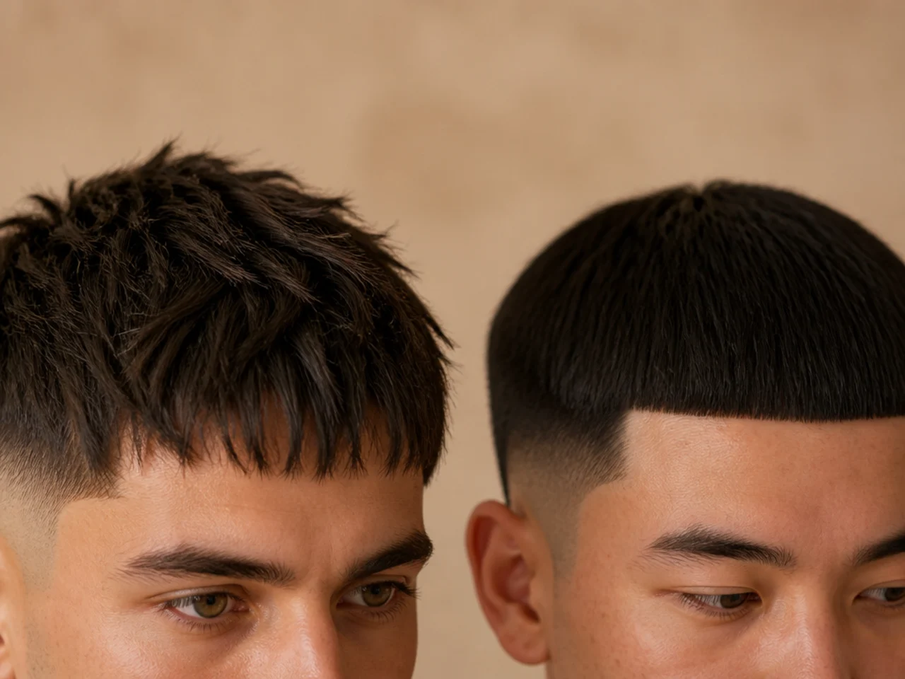 A textured fringe next to a blunt cut fringe