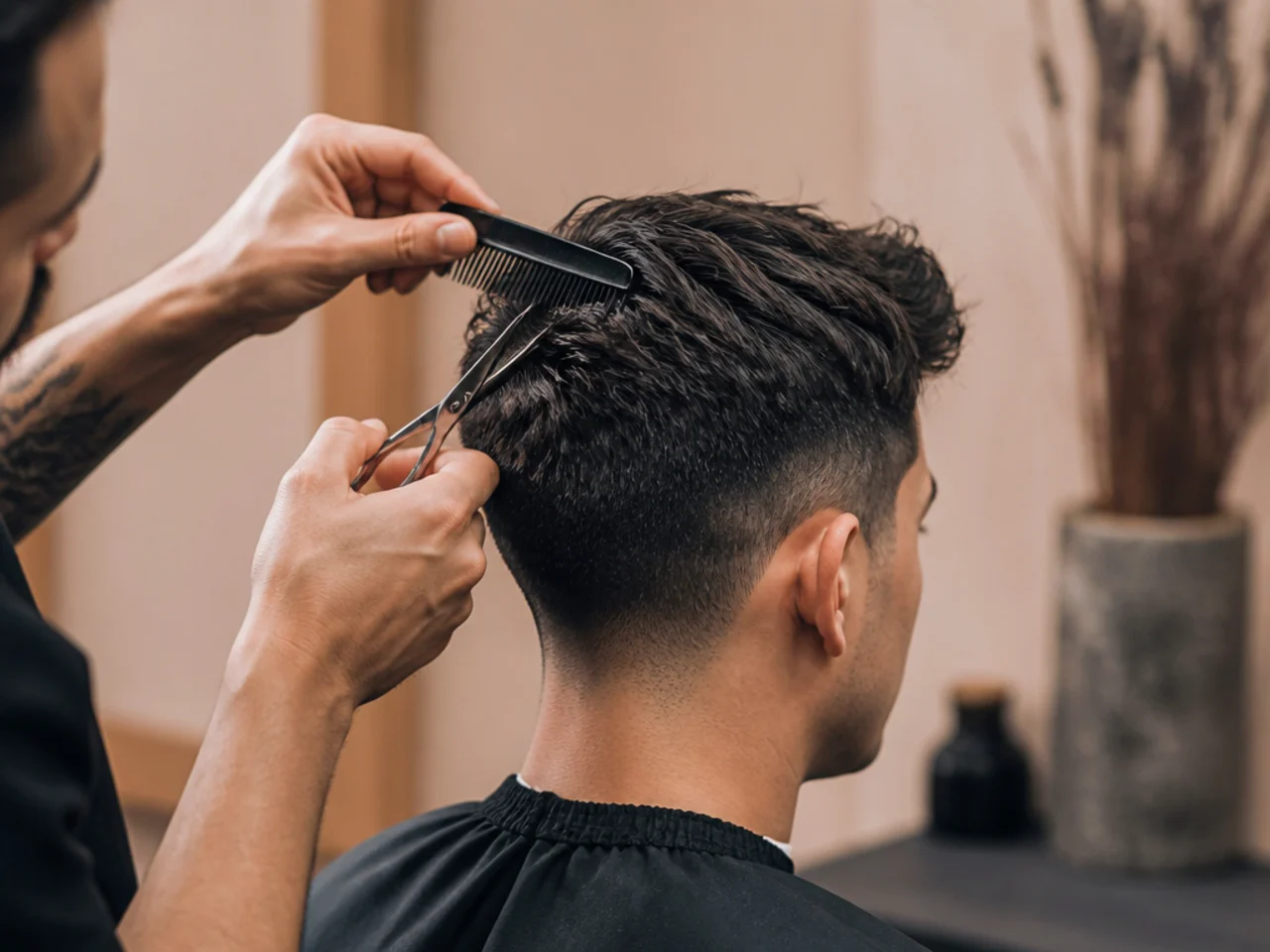 A barber making a final dry cutting pass through the top
