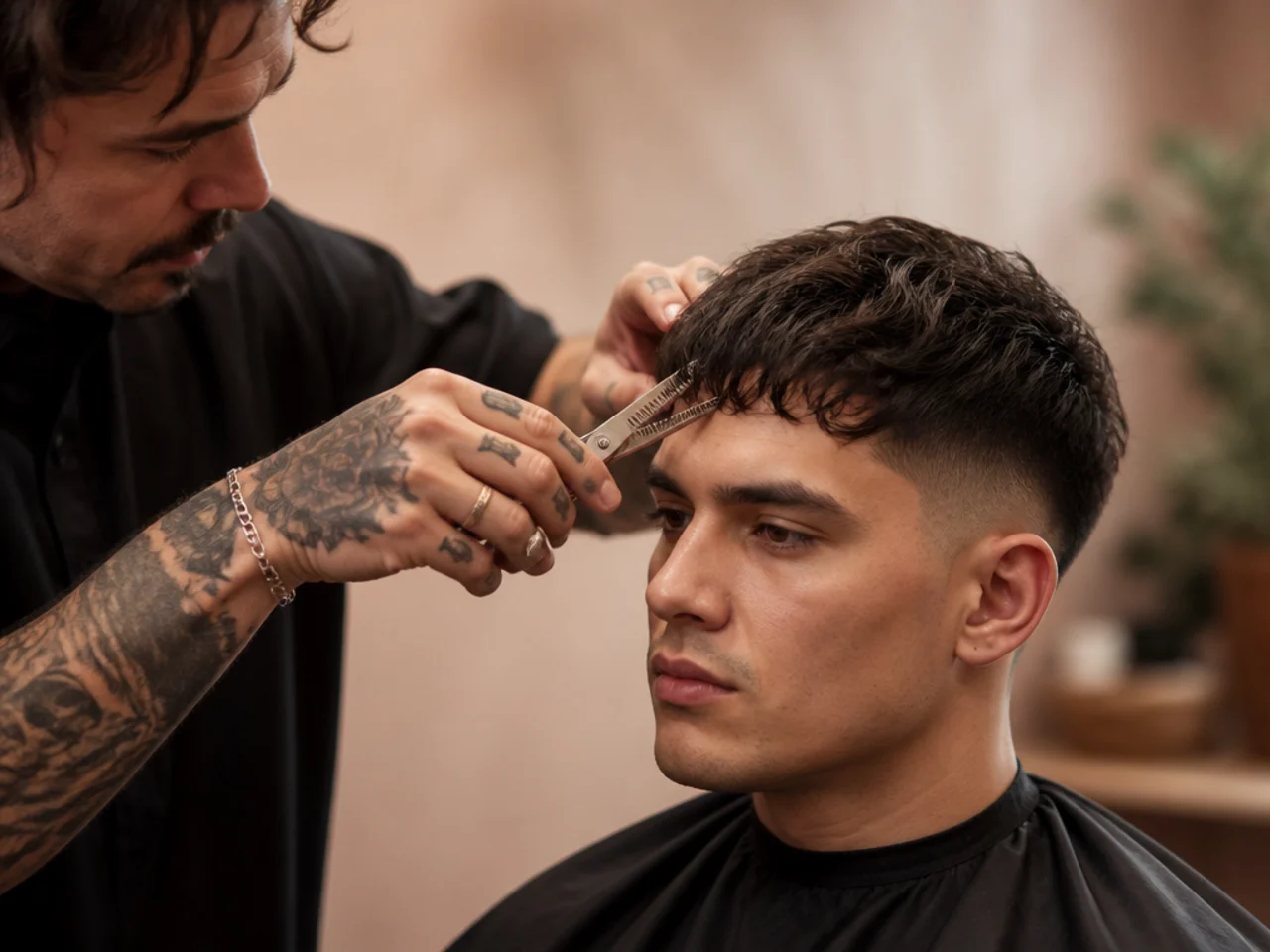 A barber notching into the front edge of a fringe