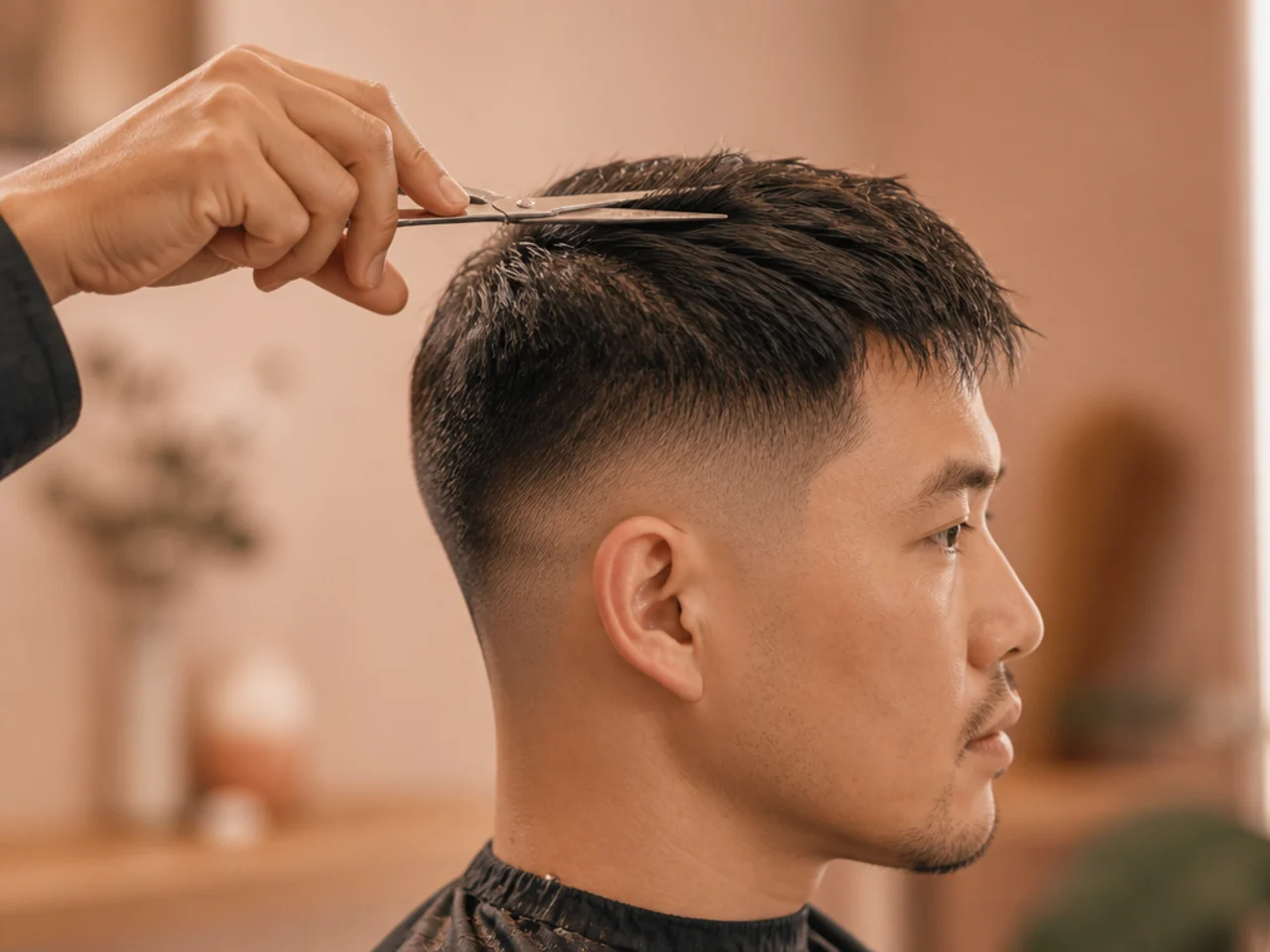 Open scissor blades sliding down a section of hair