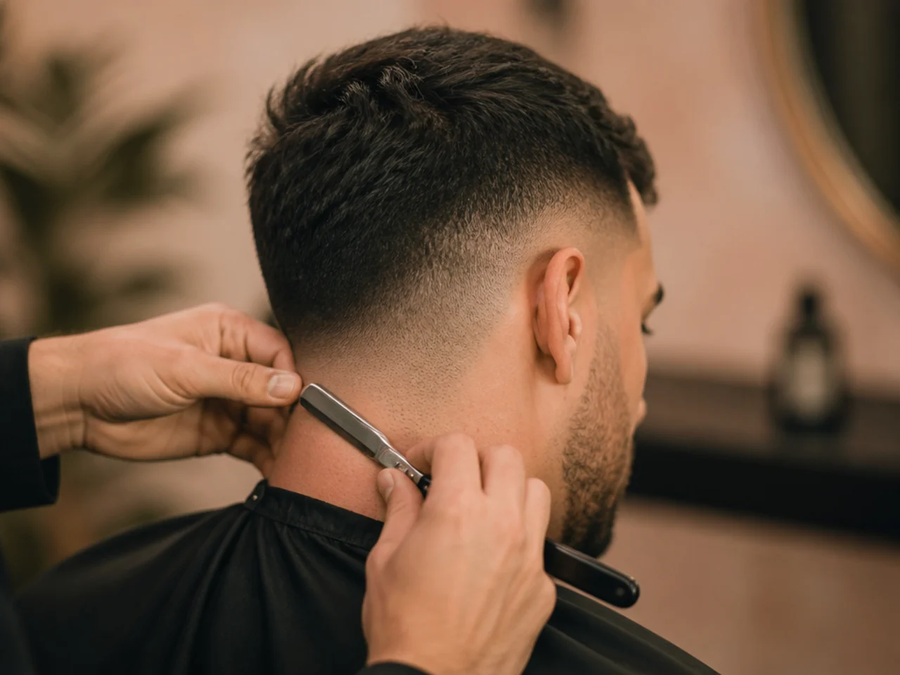 A straight razor tapering the ends of a section