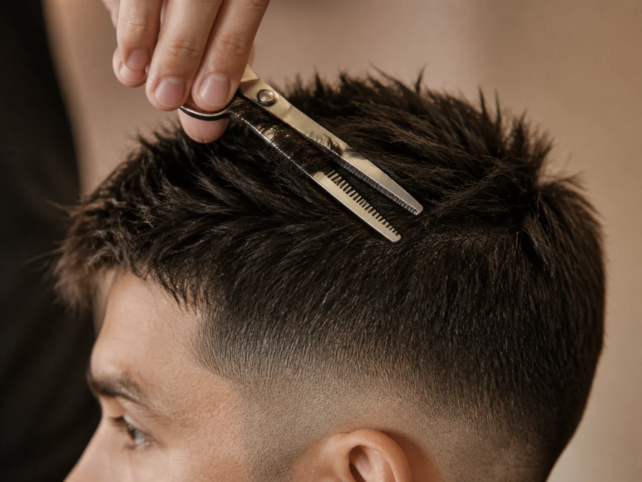 Thinning shears removing bulk from a section of hair