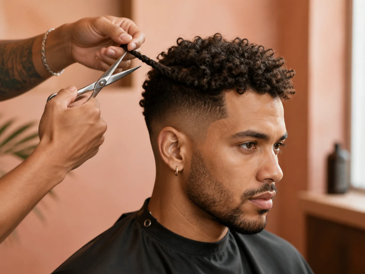 A twisted rope of curly hair being cut into with scissors
