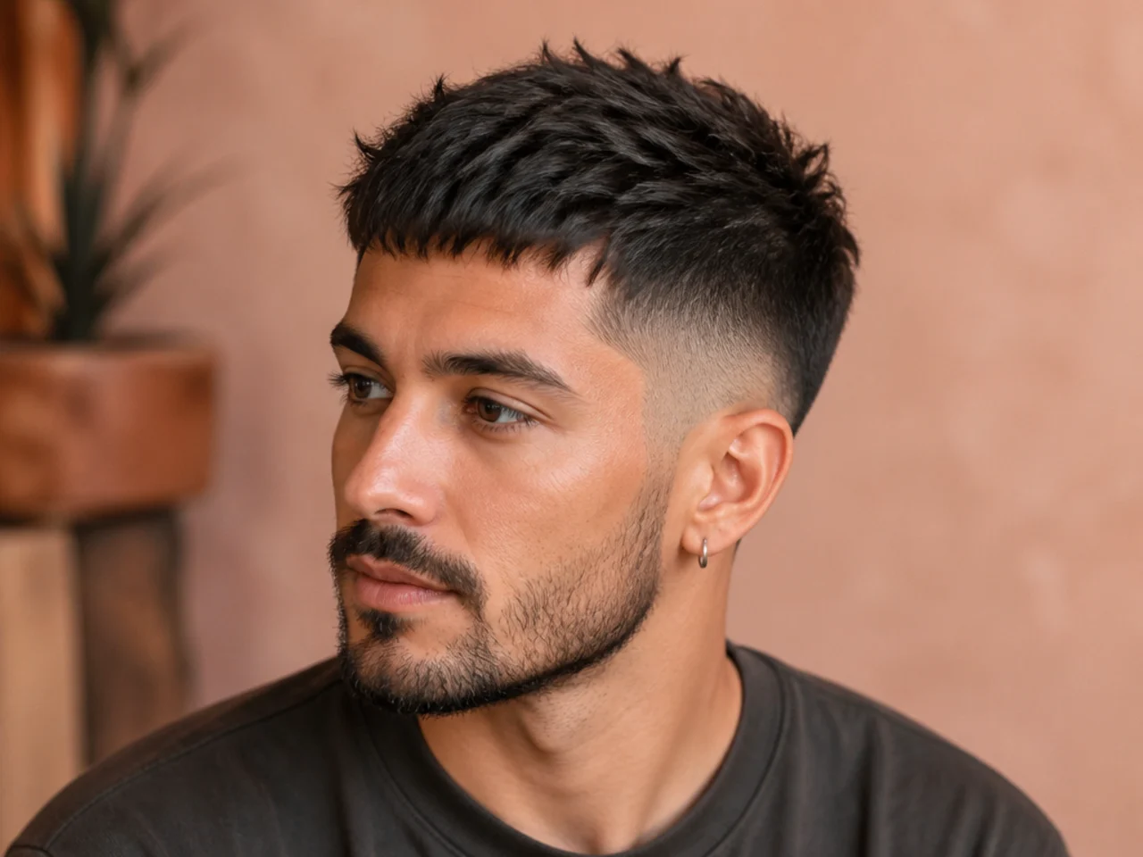 Three-quarter view of a short textured men's haircut