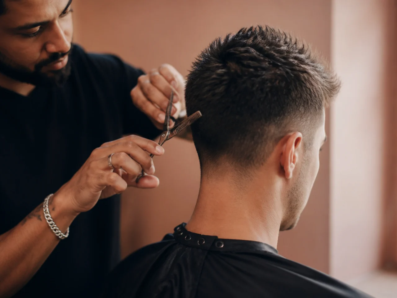 A barber holding thinning shears and scissors beside a client's head