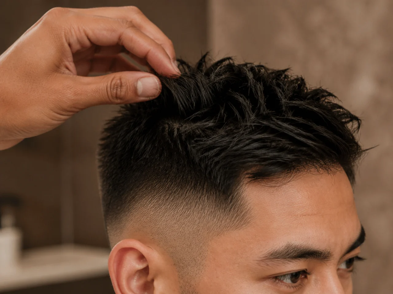 A short textured haircut being finished with fingers