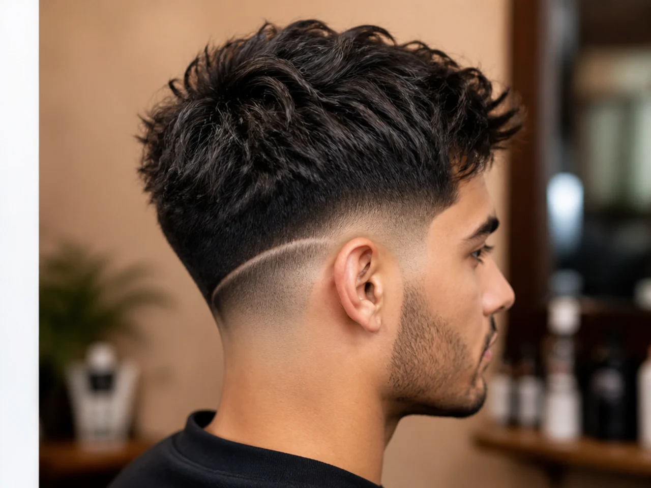 Textured taper fade with a drop fade line