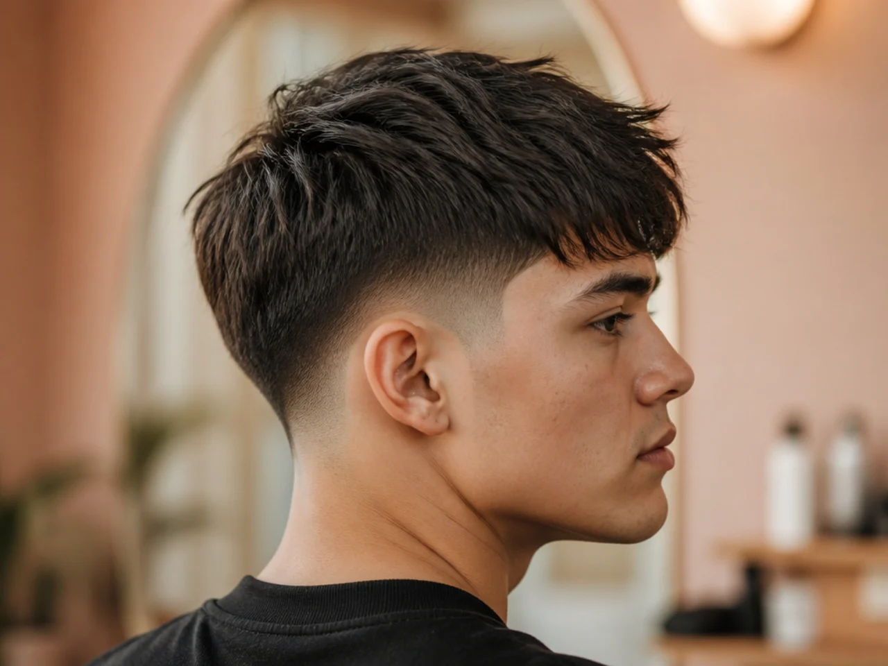 Textured forward fringe with a low taper fade