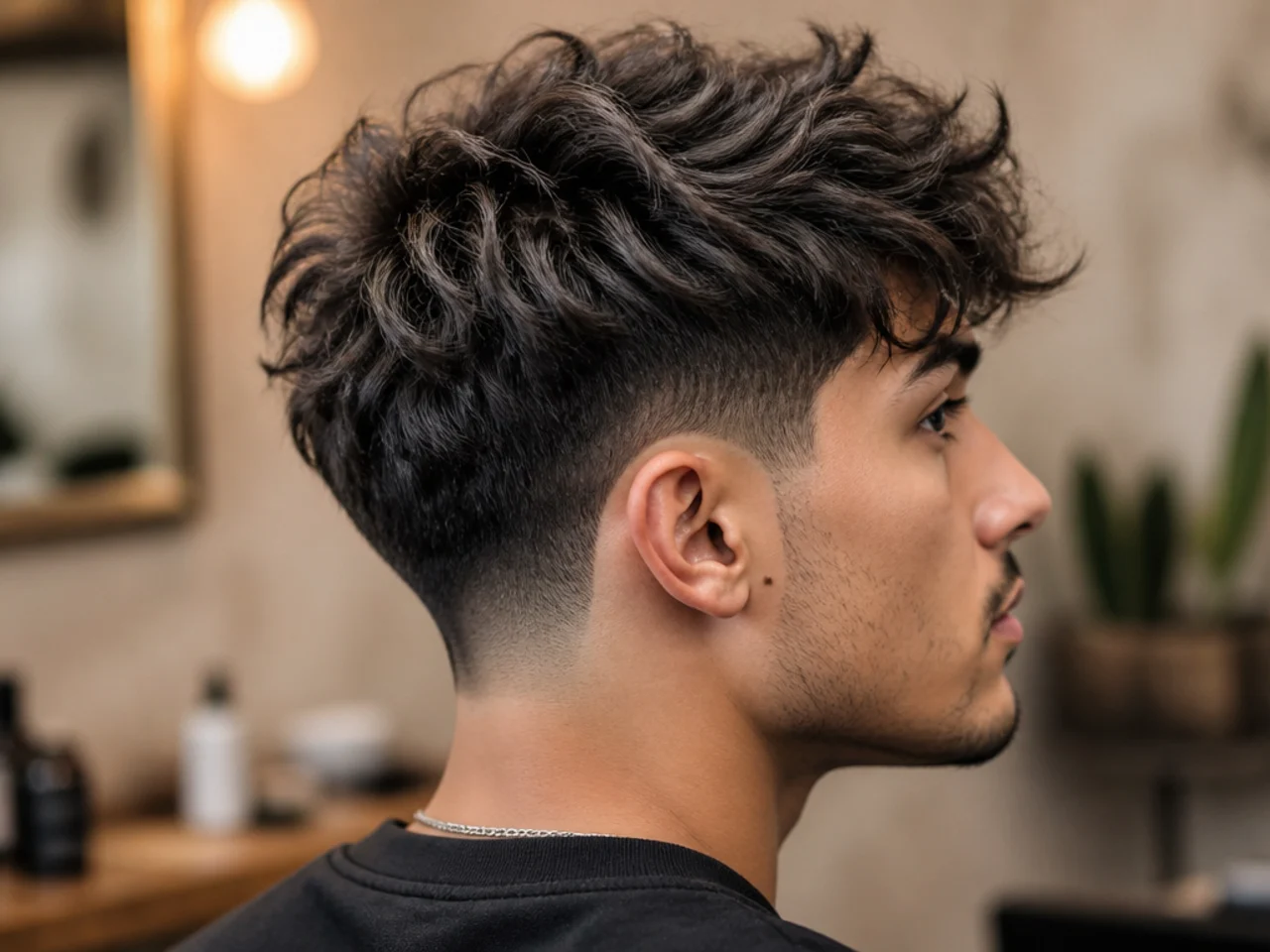 Messy textured taper fade on wavy hair