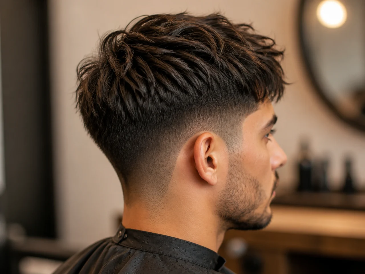 Three-quarter view of a finished textured taper fade
