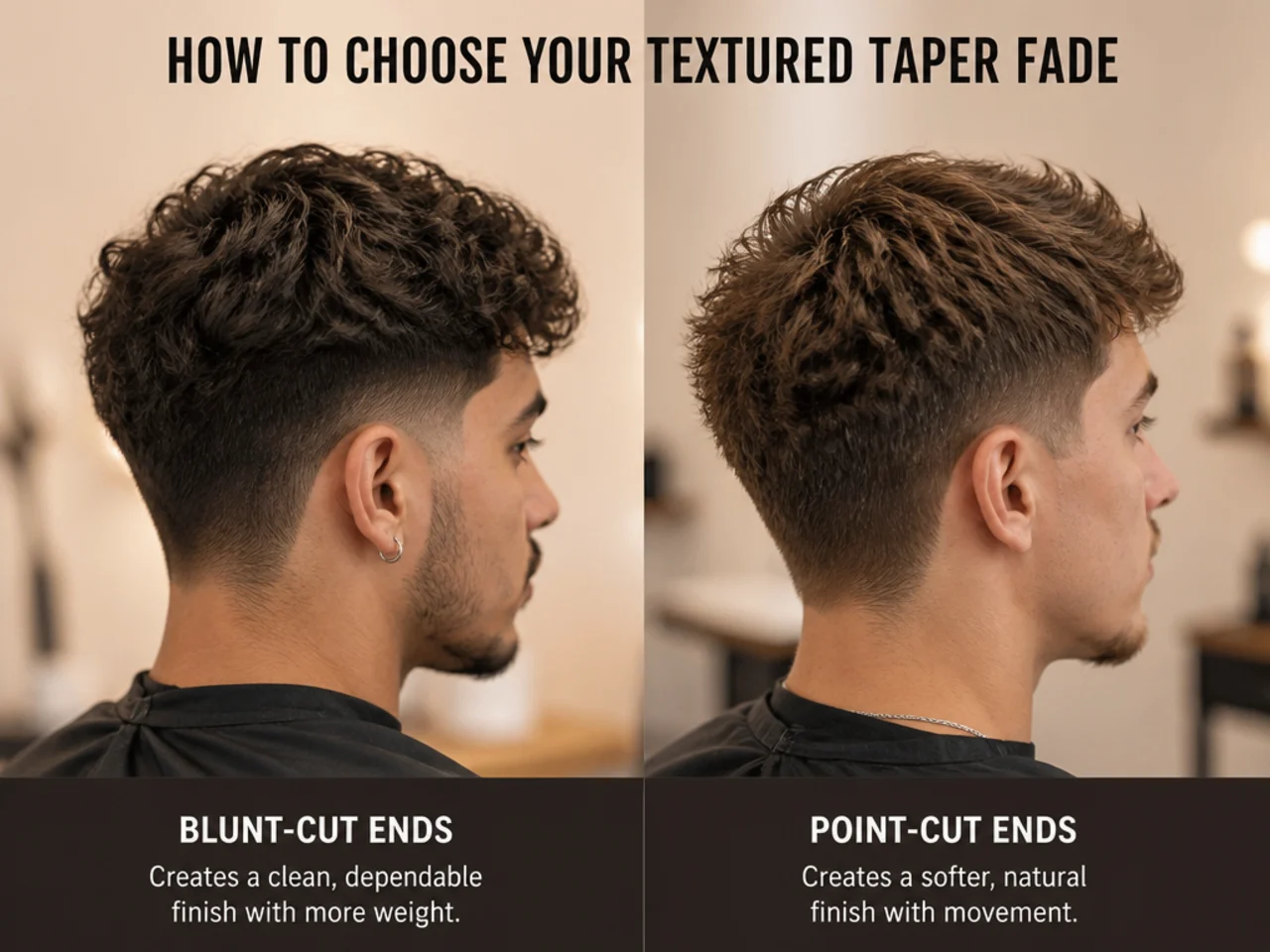 Blunt-cut ends beside point-cut ends showing the difference in finish