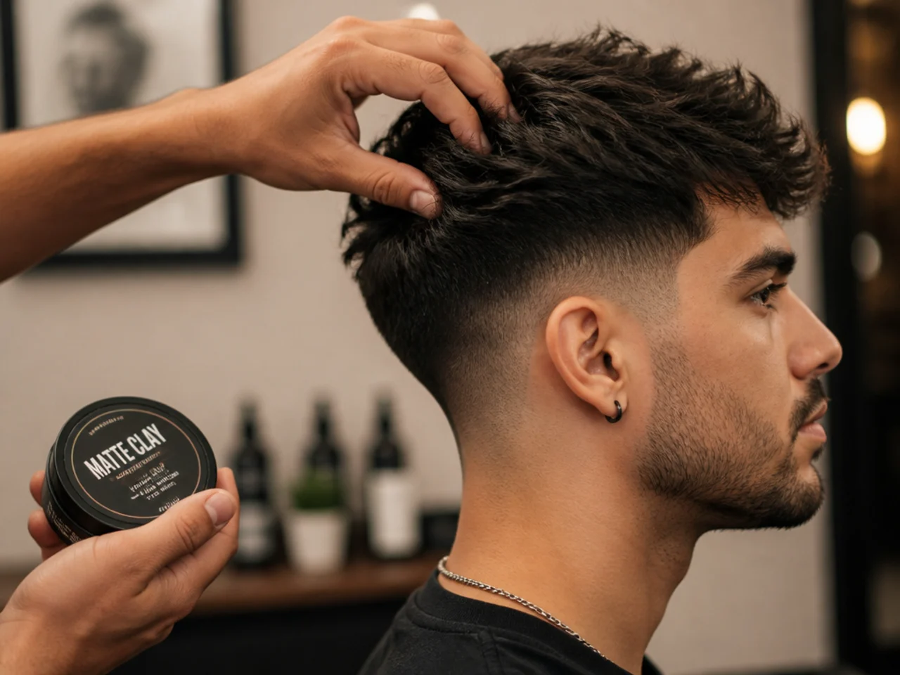 A small tub of matte clay beside a hand pressing texture into dry hair