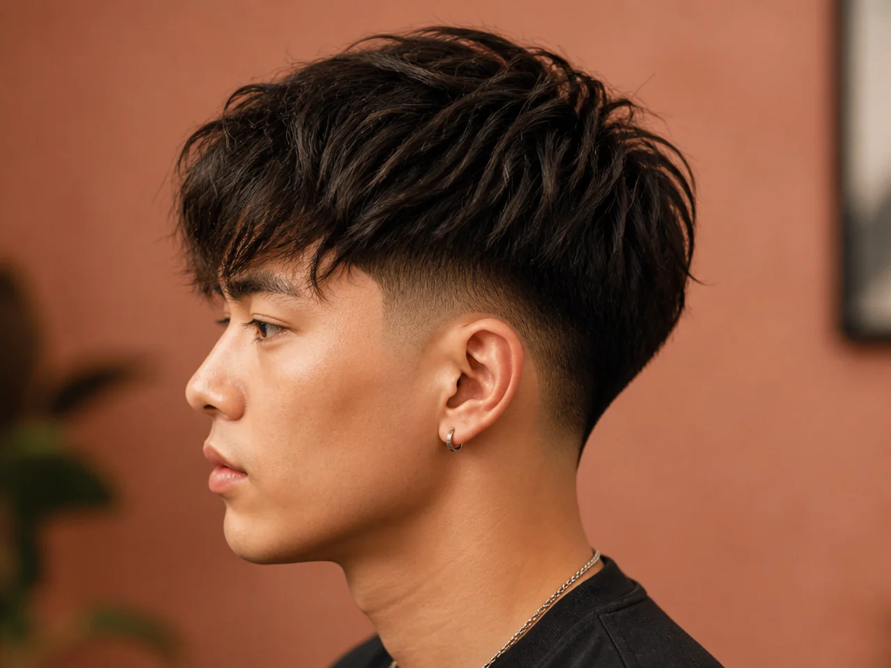 Textured two block with a curved drop fade following the head shape down behind the ear