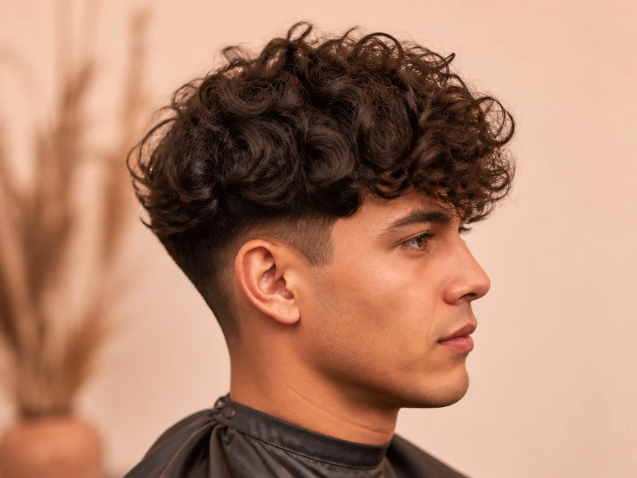 Curly textured two block with Type 3A coils falling forward over hidden half-guard sides