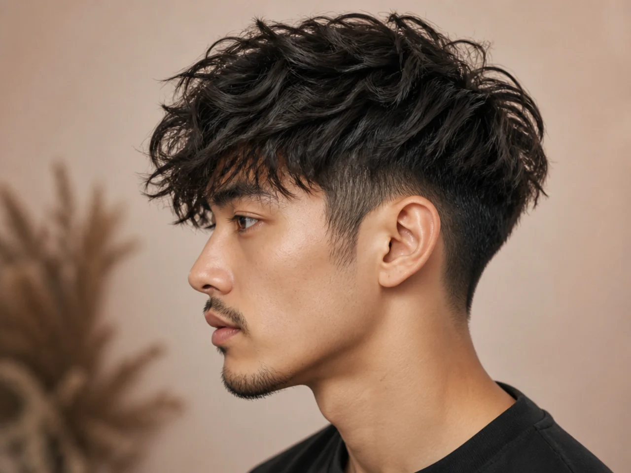 Messy textured two block with hand-styled piecey ends and hidden one-guard sides on straight brown hair