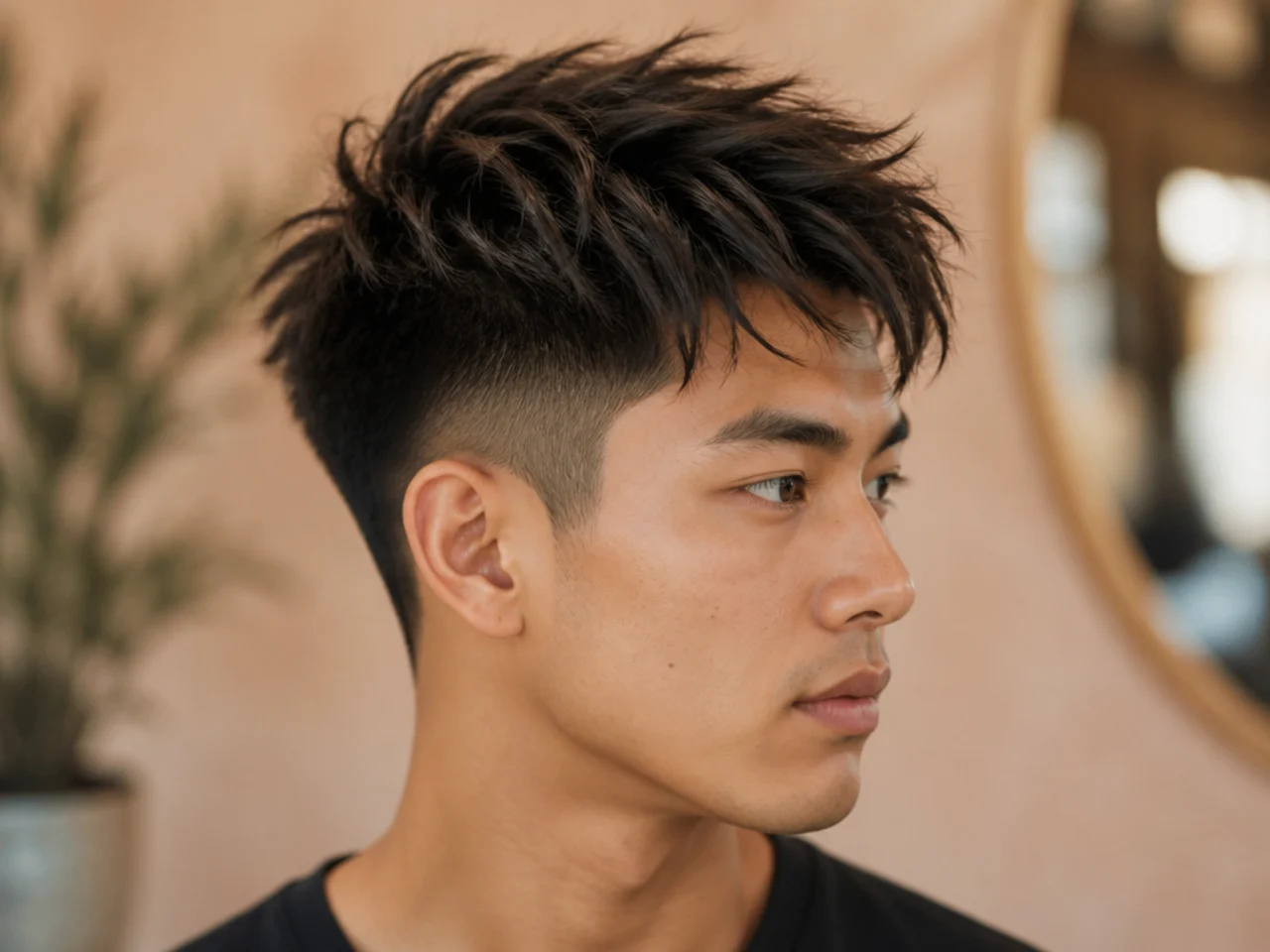 Razored textured two block with soft feathered ends draping over hidden two-guard sides