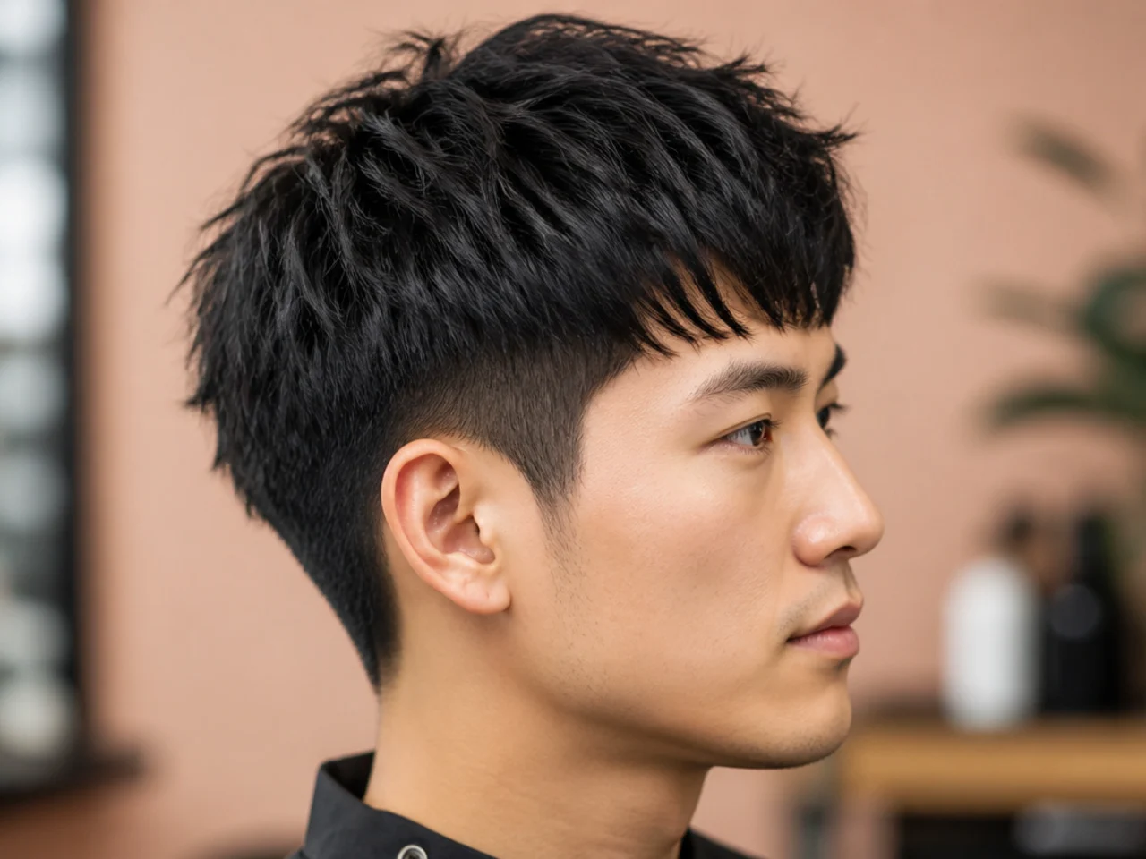 Short textured two block haircut clipped to under two inches on top with a clean one-guard hidden underneath