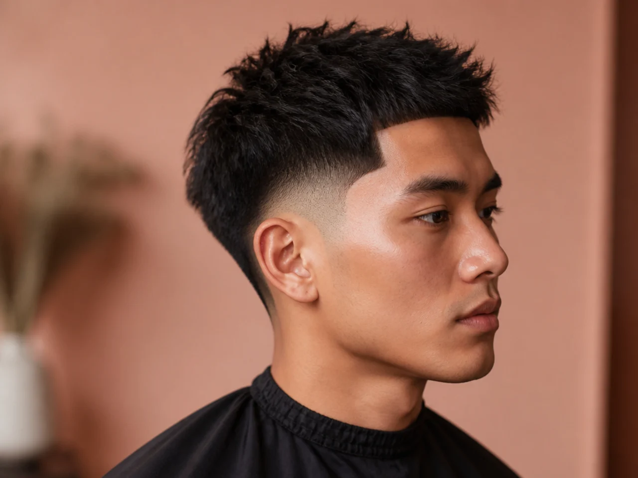 Textured two block with a sharp razor line-up along the hairline and temples for defined edges