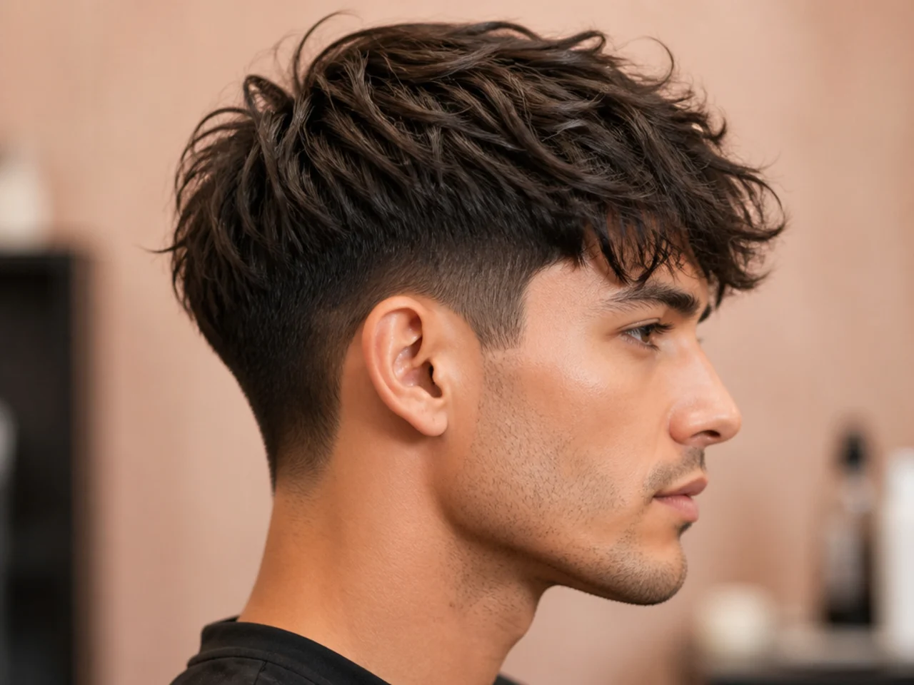 Medium-length textured two block with a three-and-a-half-inch razored top layer draping past the ears