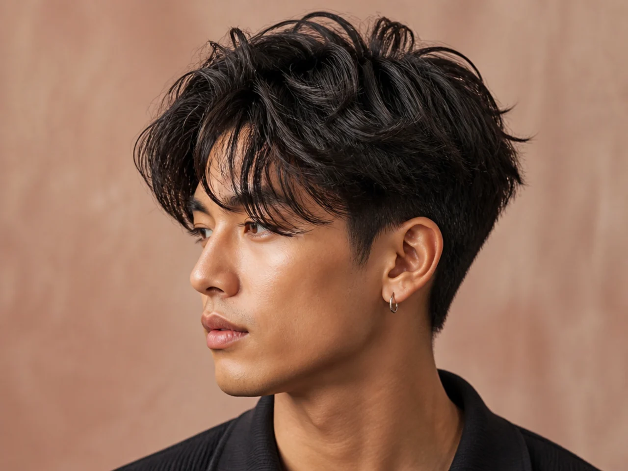 Long textured two block with a five-inch layered top past the eyebrows and hidden buzzed sides