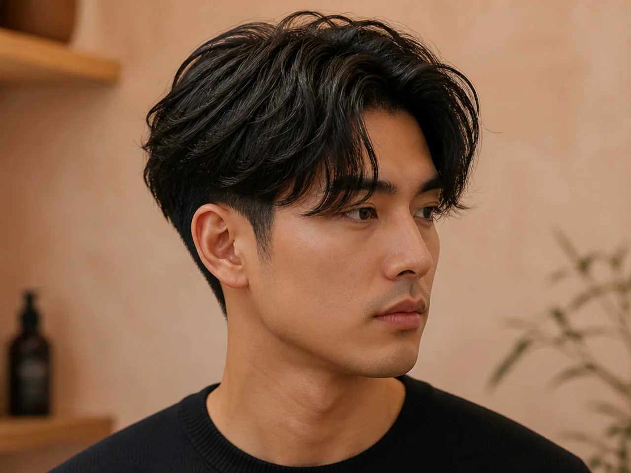 Textured two block with a middle part falling into two curtains over hidden one-guard sides on Korean-style hair