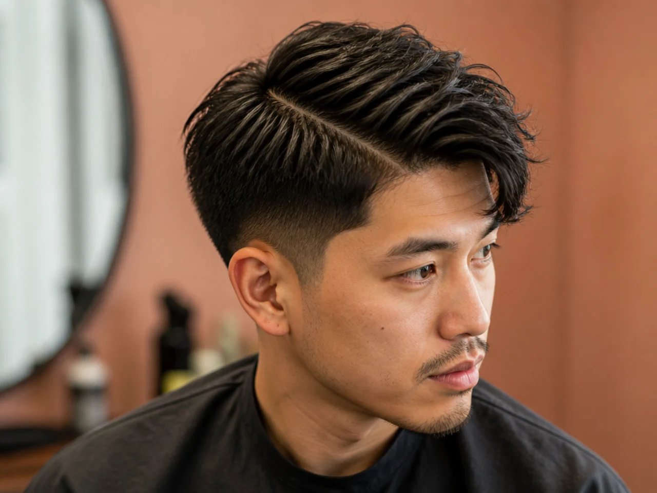 Textured two block with a soft side part swept diagonally across the forehead over hidden sides