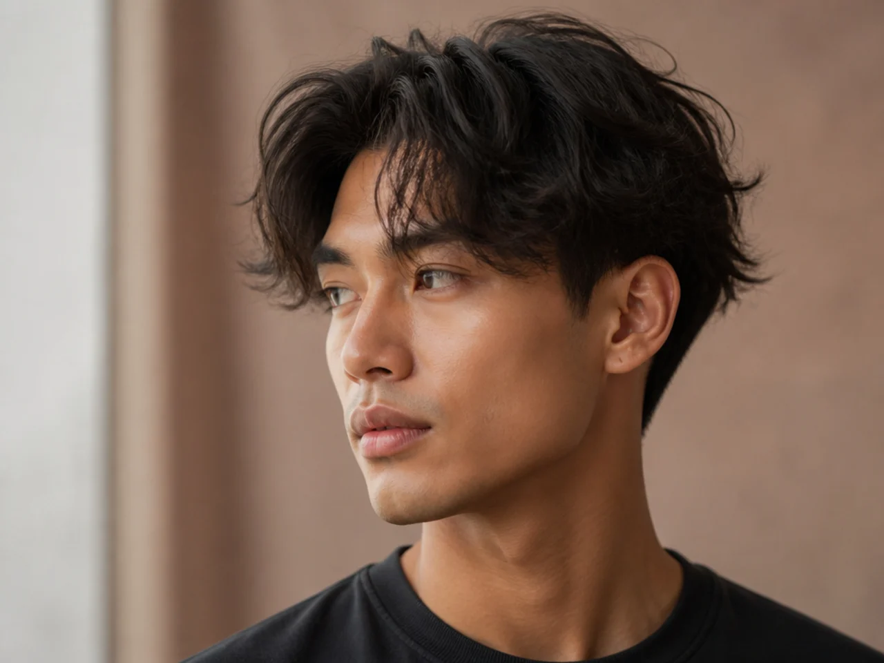 Textured two block with a curtain fringe splitting into two soft panels at the forehead with hidden sides