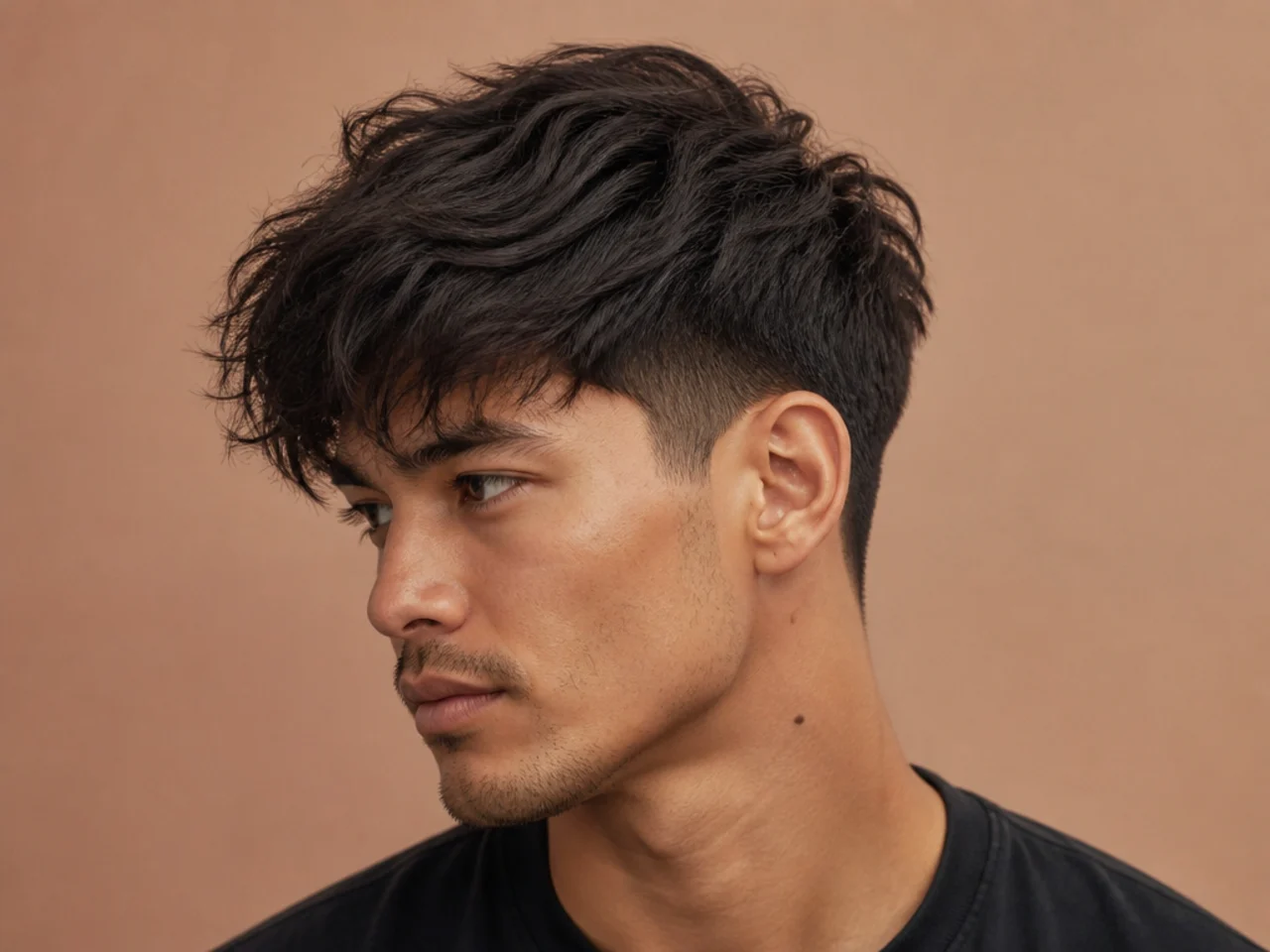 Textured two block with a forward fringe pushed down over the brow above hidden two-guard sides