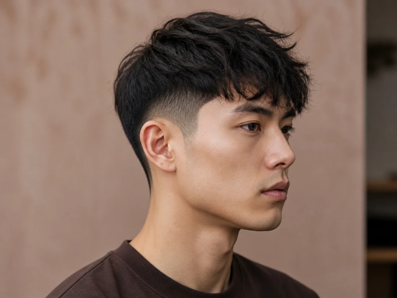 Textured two block paired with a low fade starting just above the ears on brown hair