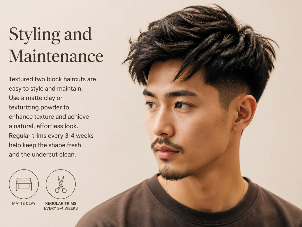 Men's hair styling products for a textured two block — matte clay, sea-salt spray, and a paddle brush