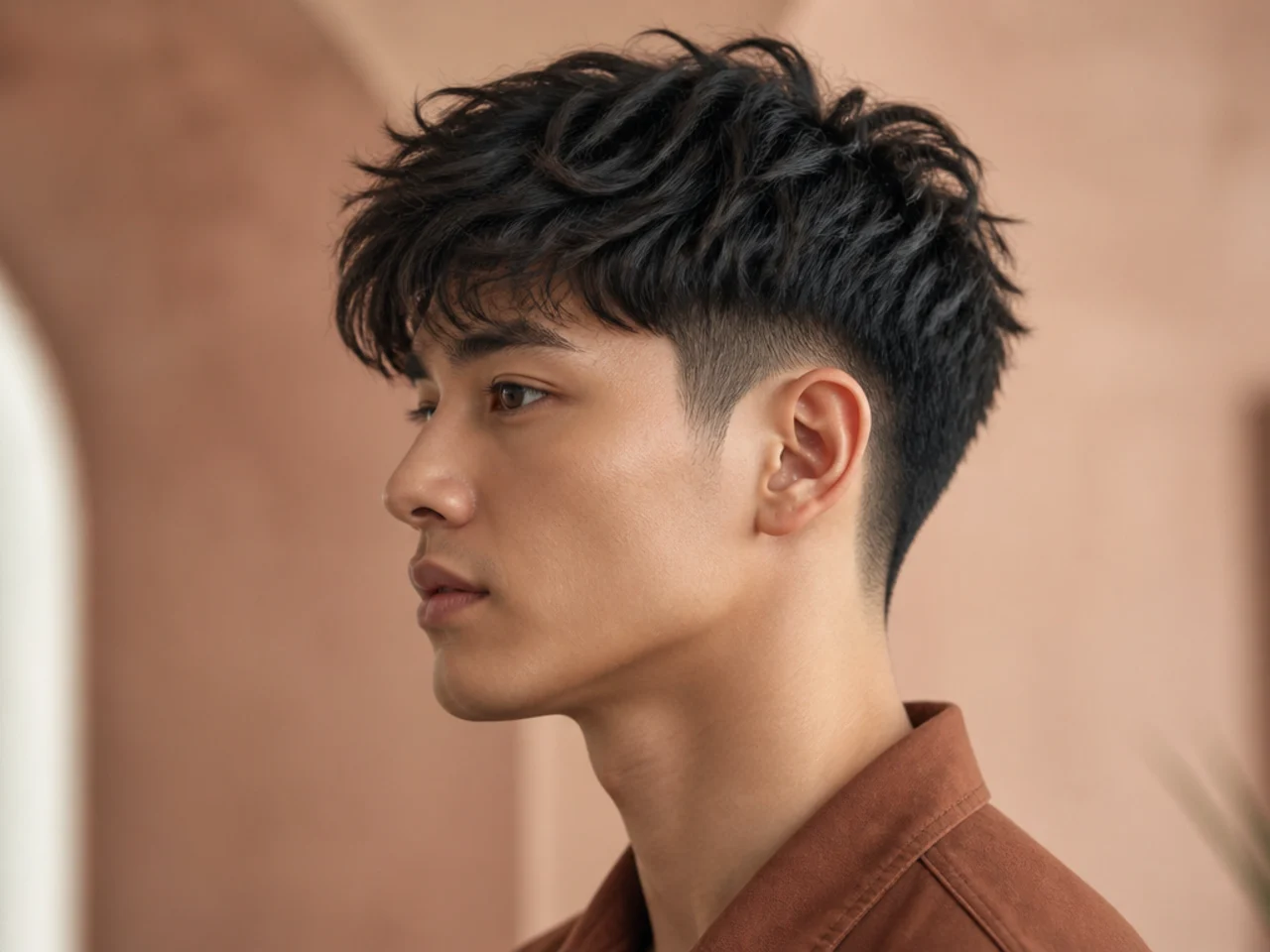Textured two block haircut on a man showing point-cut top layer draping over hidden buzzed sides