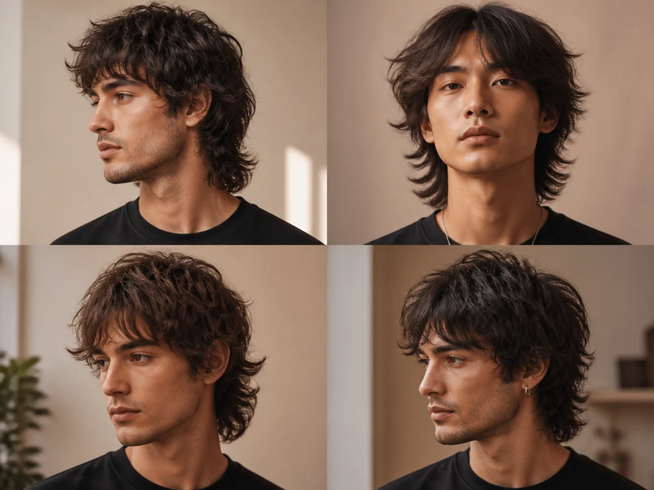 Classic textured wolf cut on a young man with three-inch crown layers, point-cut face-framing pieces, and feathered nape