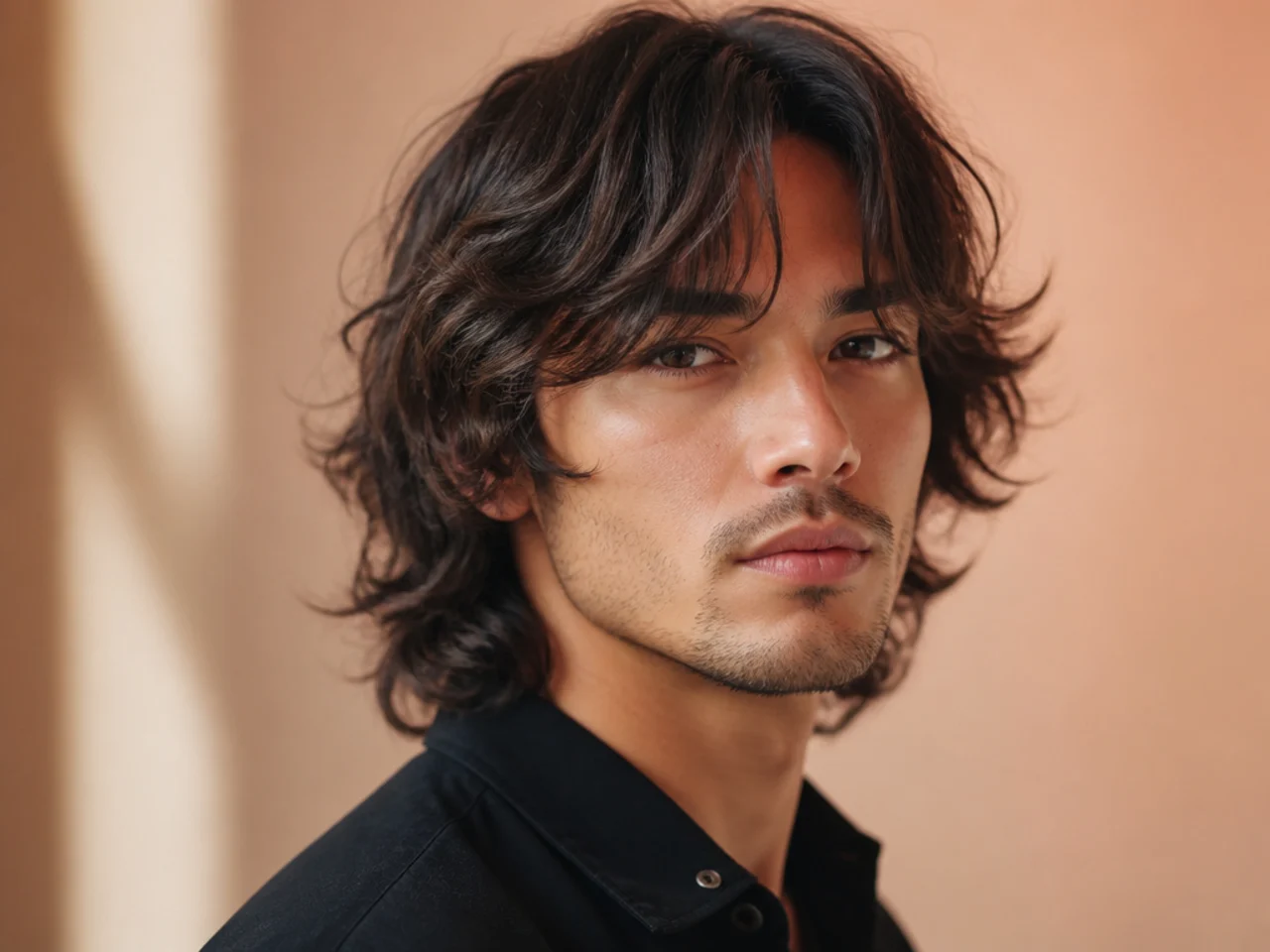 Textured wolf with curtain bangs parted at center sweeping out from the forehead on a young man