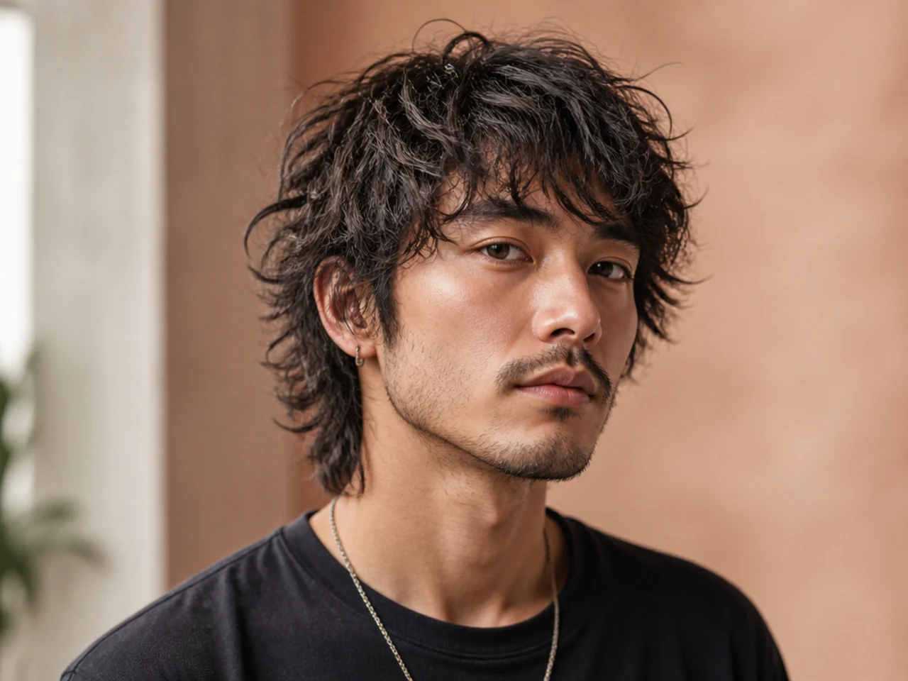 Textured wolf with piecey textured fringe falling over the brow with defined pieces on a young man
