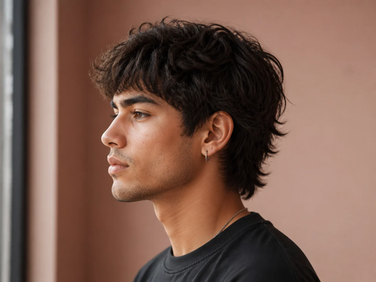Short textured wolf cut with cropped layered top and feathered back sitting at the collar on a young man