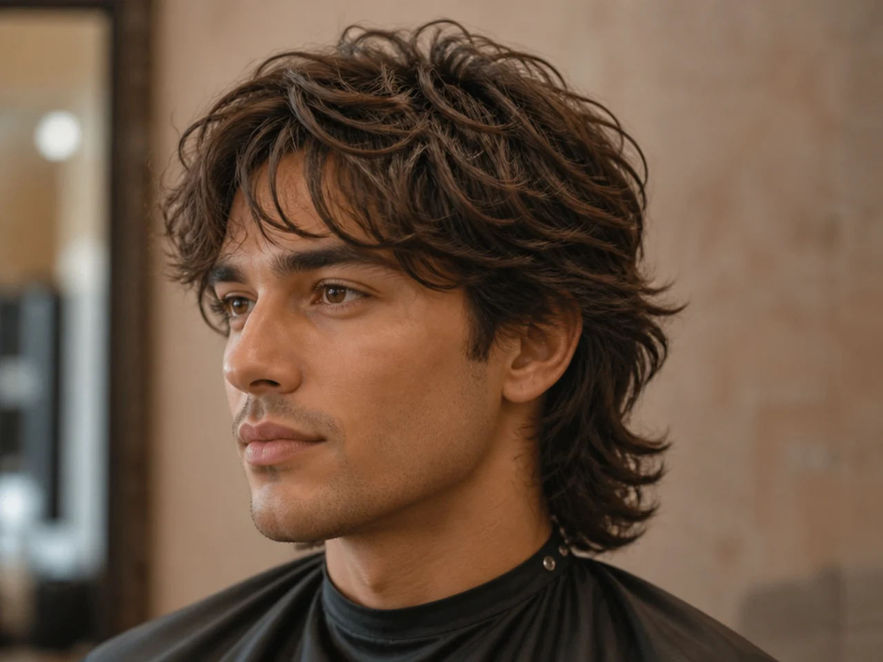 Medium-length textured wolf cut with mid-length back layers past the collar on a young man with wavy hair